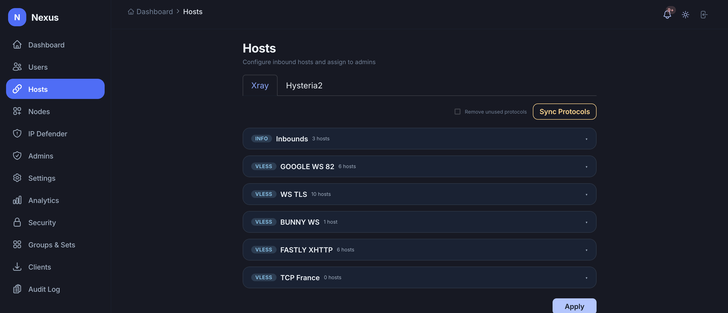 Inbound host and protocol set configuration
